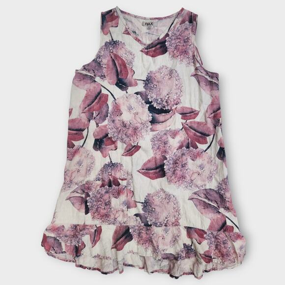 Flax Dress Womens M Pink Hydrangea Ruffle Hem Sleeveless 100% Linen A-Line VNeck - Picture 1 of 7